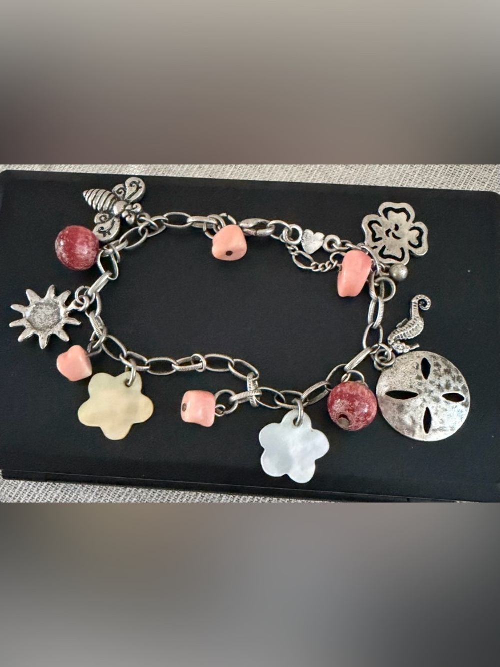 American Eagle Charm Bracelet with Pink Beads and Mother-of-Pearl Flower Charms